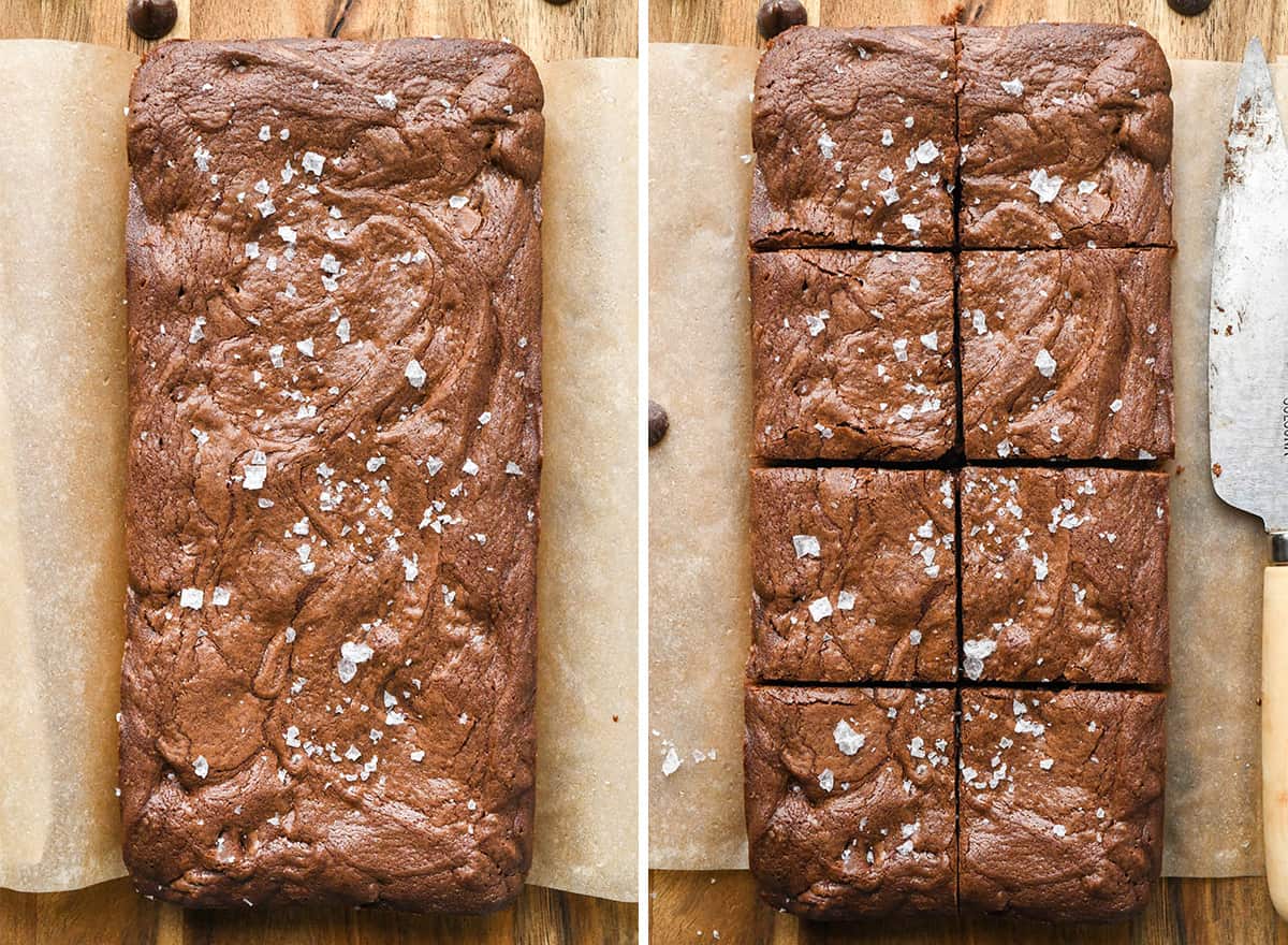 two photos showing cutting baked Small Batch Brownies into 8 squares