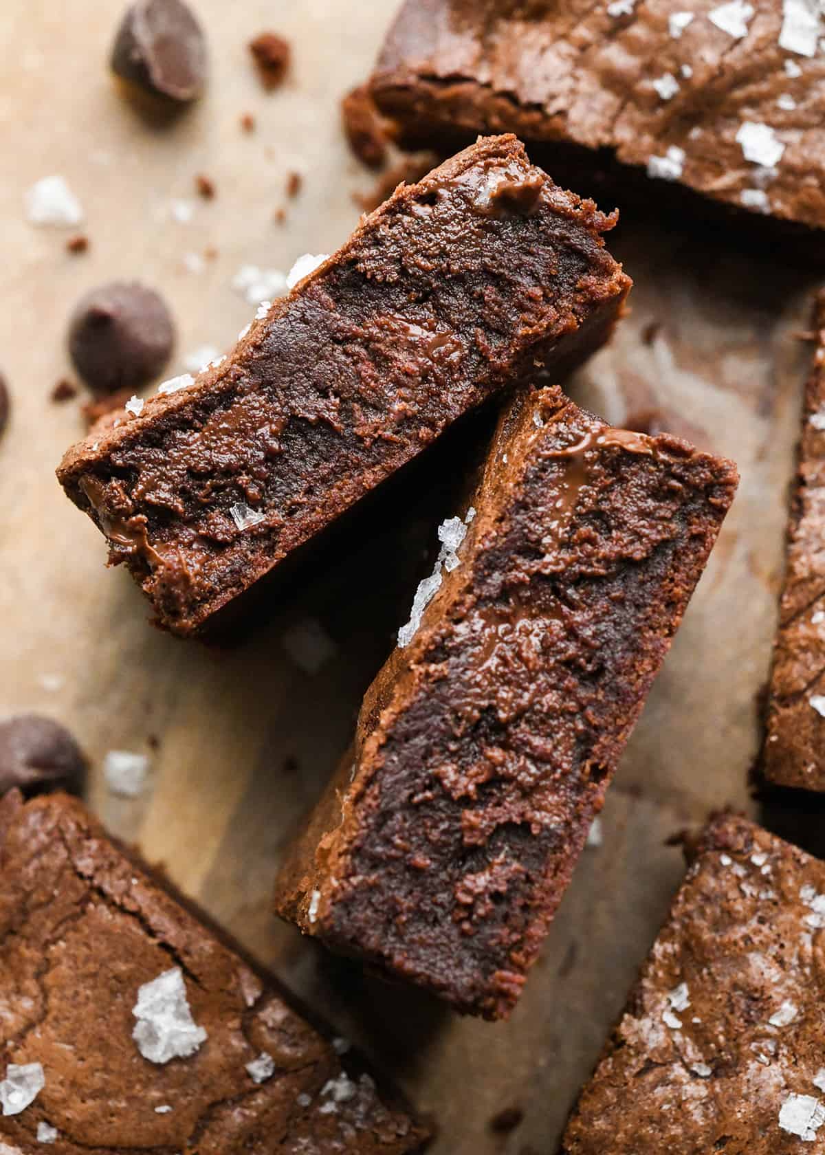 2 Small Batch Brownies on their side so the gooey inside is visible