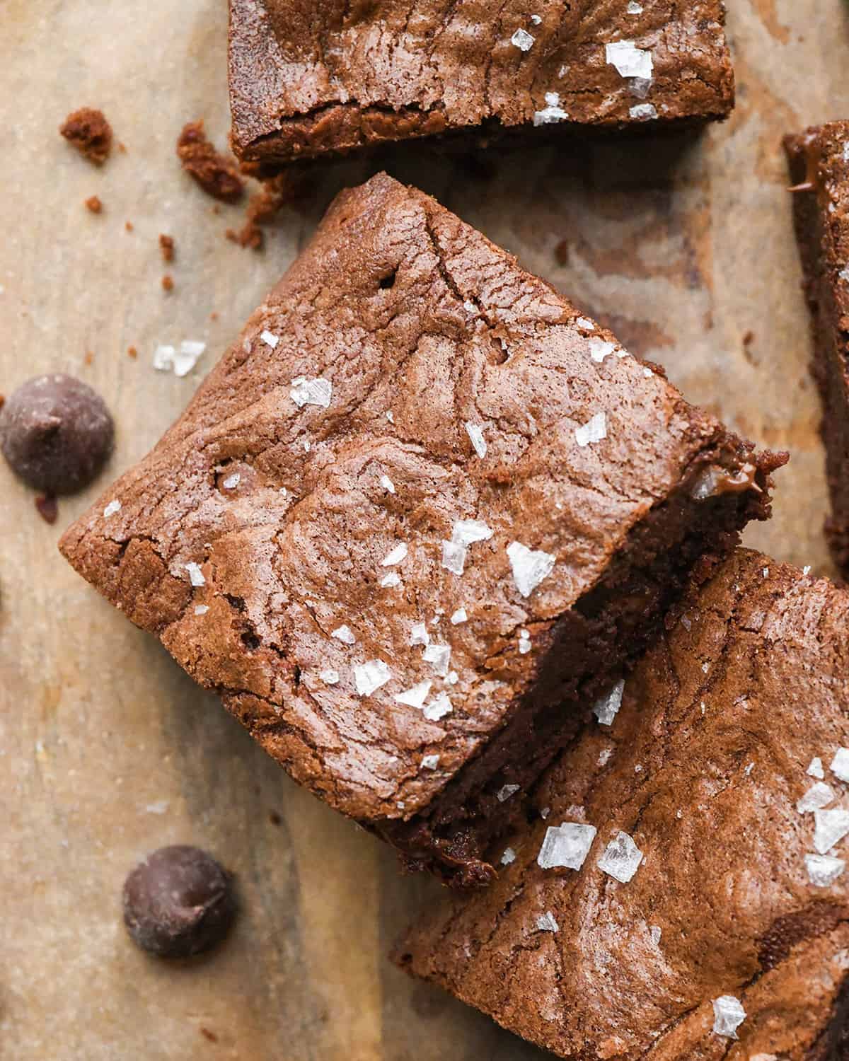 overhead view of 3 Small Batch Brownies with flaky sea salt