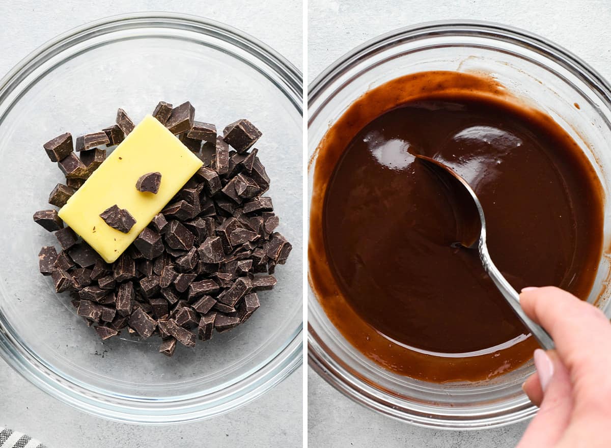 two photos showing melting chocolate and butter to make Small Batch Brownies