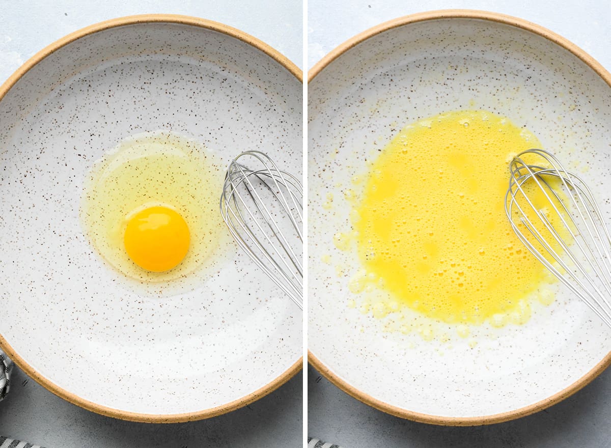 two photos showing whisking an egg in a bowl