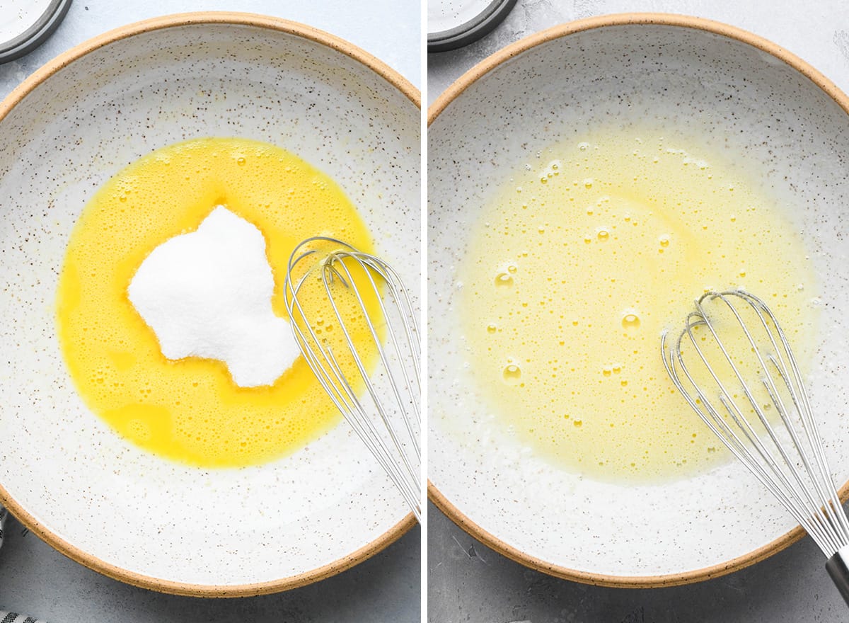 two photos showing whisking sugar into egg in a bowl