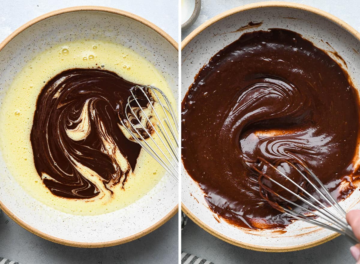 two photos showing how to make Small Batch Brownies - whisking melted chocolate into eggs