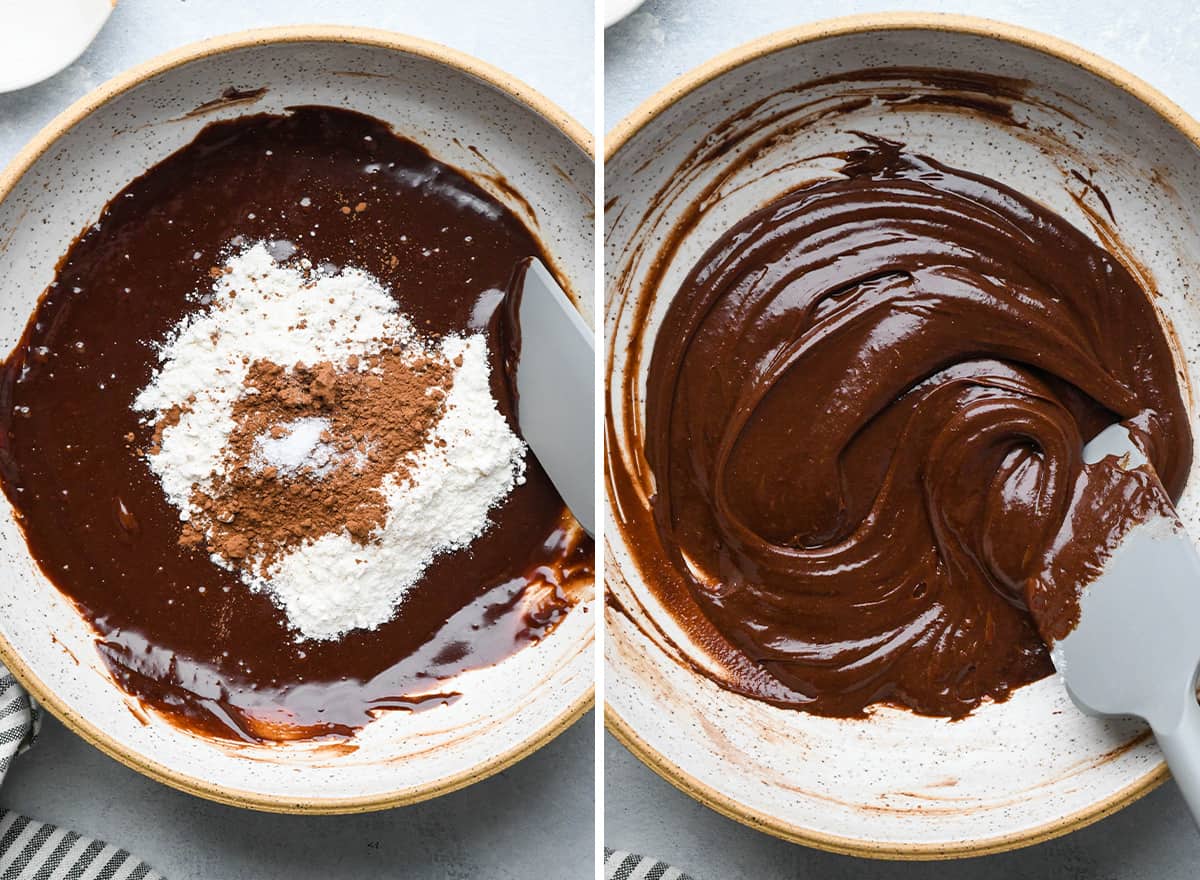 two photos showing how to make Small Batch Brownies - mixing wet and dry ingredients