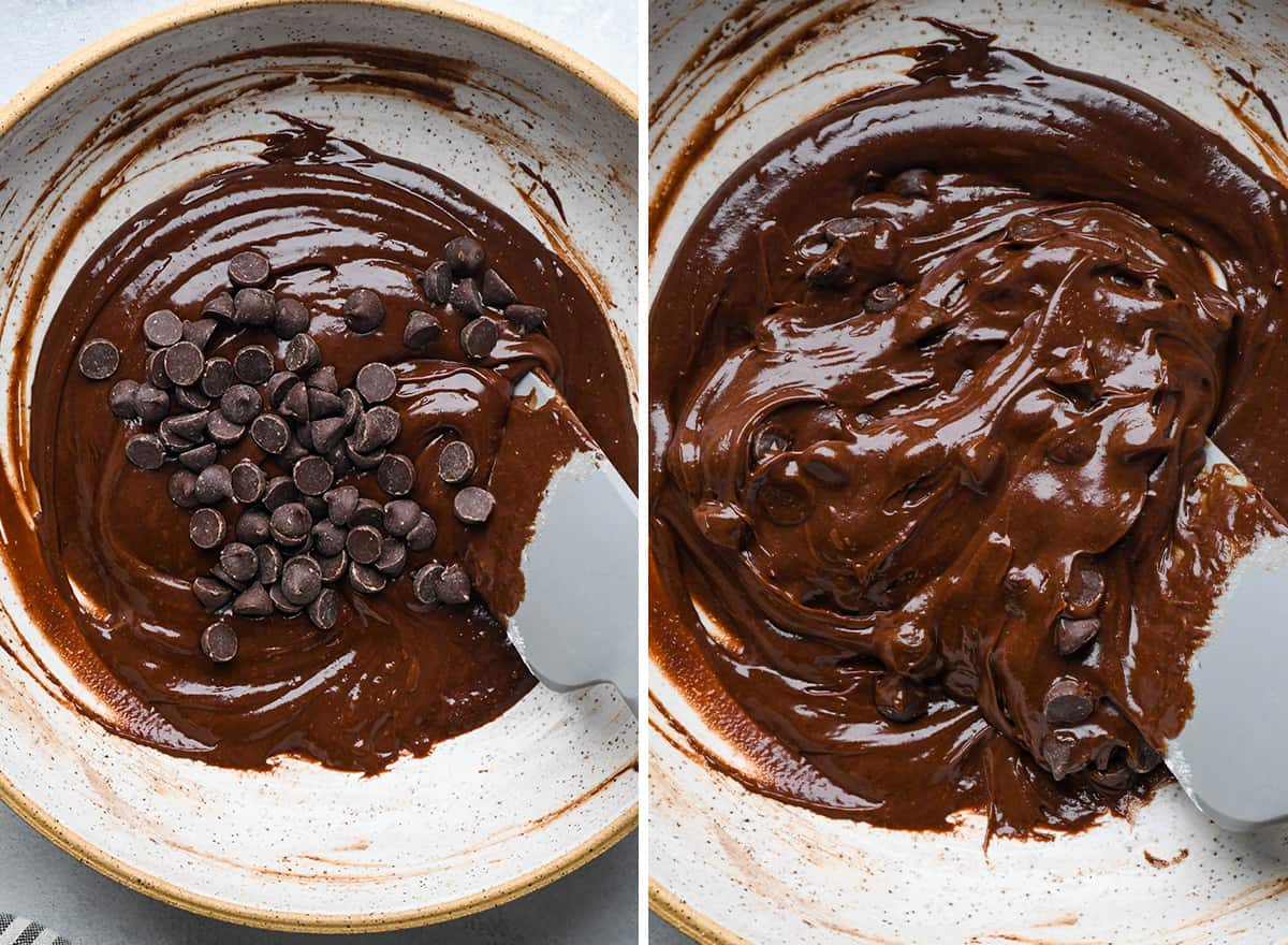 two photos showing how to make Small Batch Brownies - mixing in chocolate chips