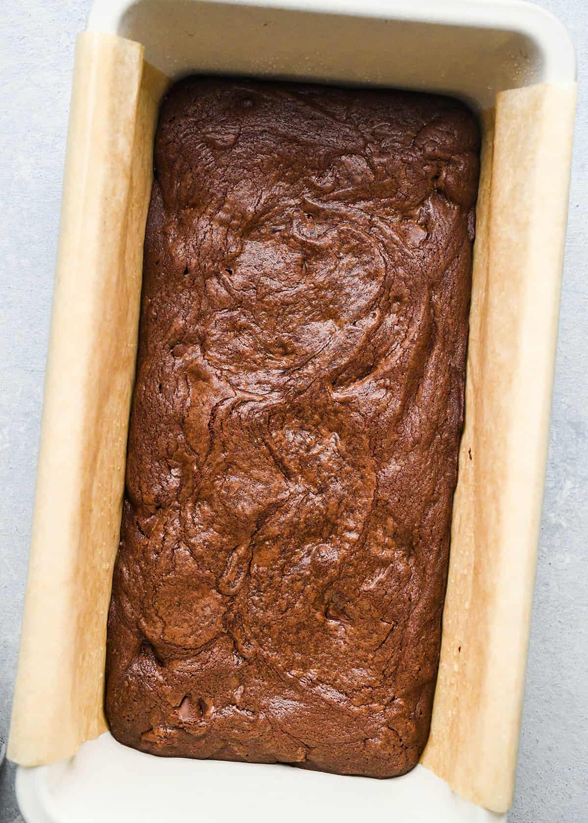 Small Batch Brownies in a loaf pan after baking