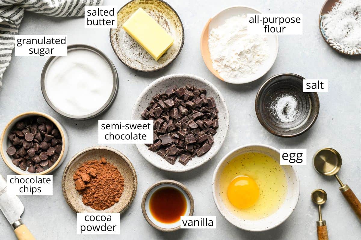 overhead photo of the labeled ingredients in this Small Batch Brownies recipe