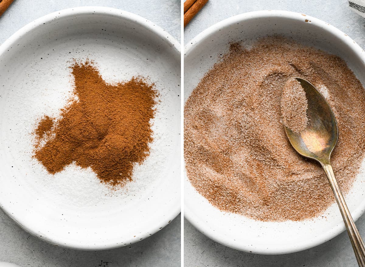 two photos showing how to make snickerdoodle cookies - cinnamon sugar mixture
