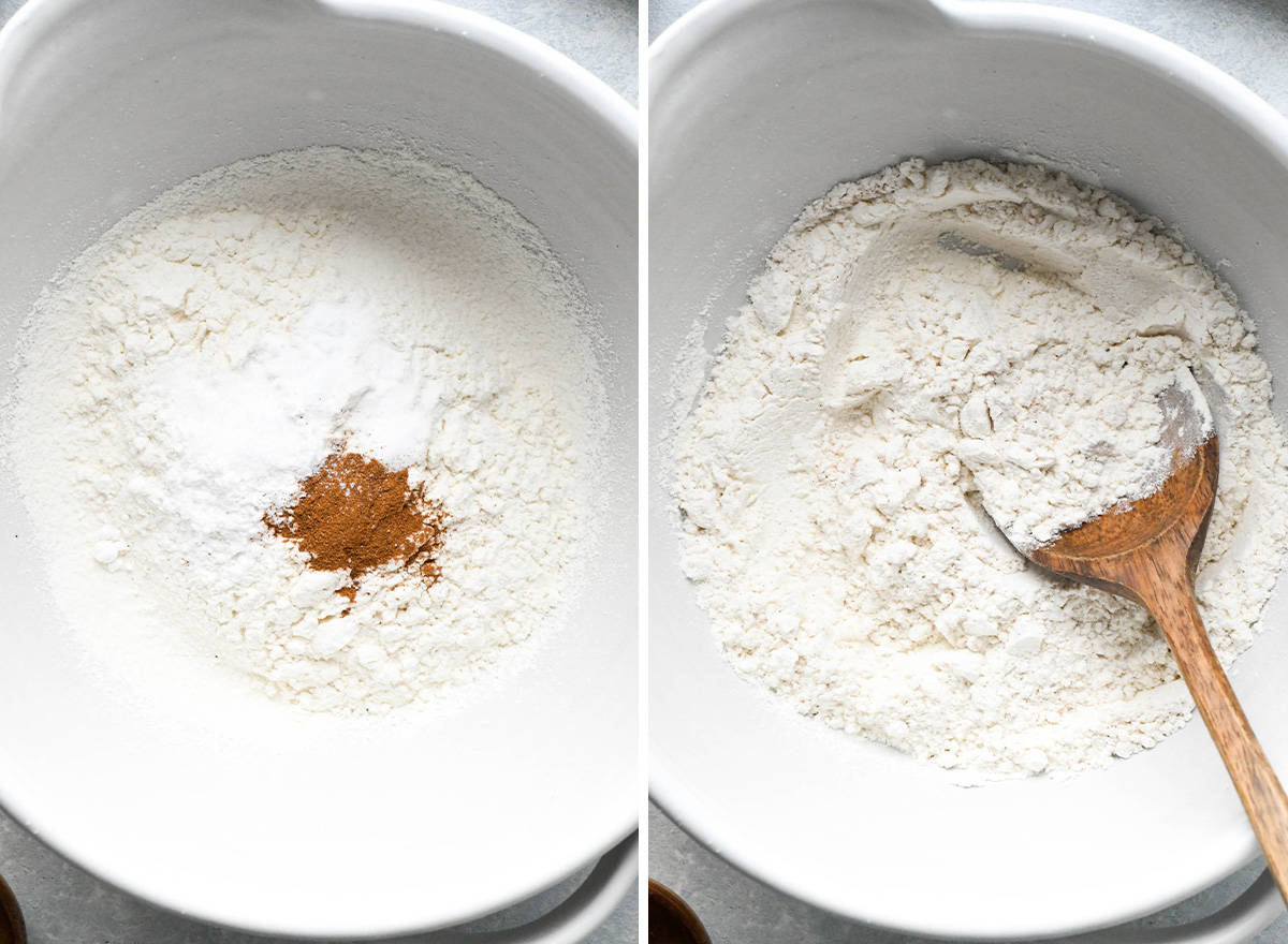 two photos showing how to make snickerdoodle cookies - mixing dry ingredients