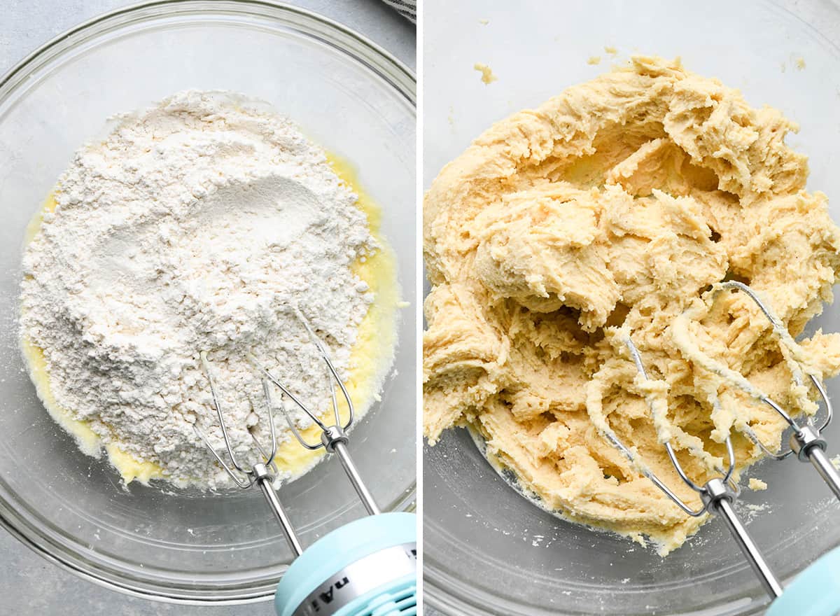 two photos showing how to make snickerdoodle cookies - combining wet and dry ingredients