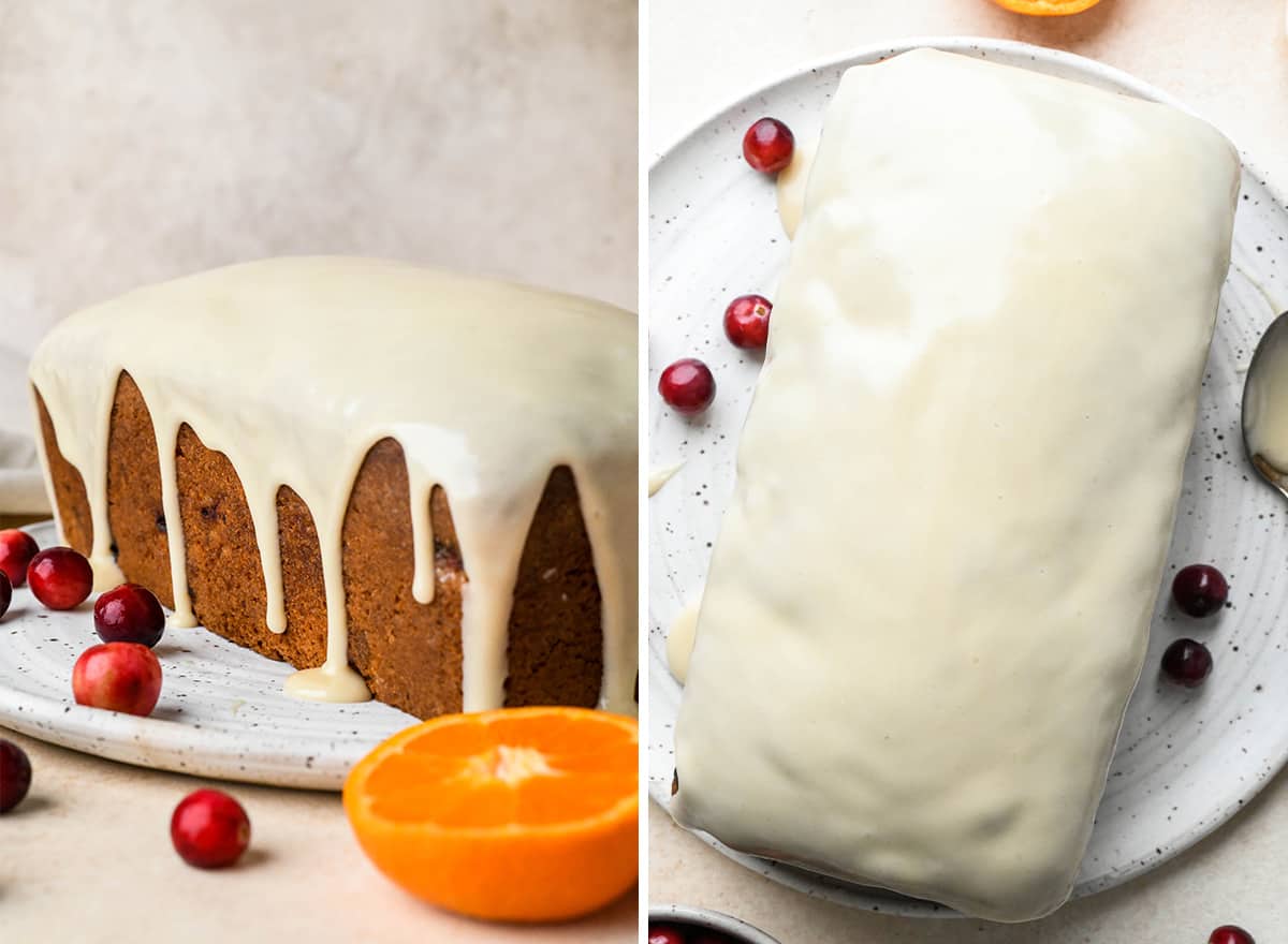 two photos showing Cranberry Orange Bread after the glaze has hardened.