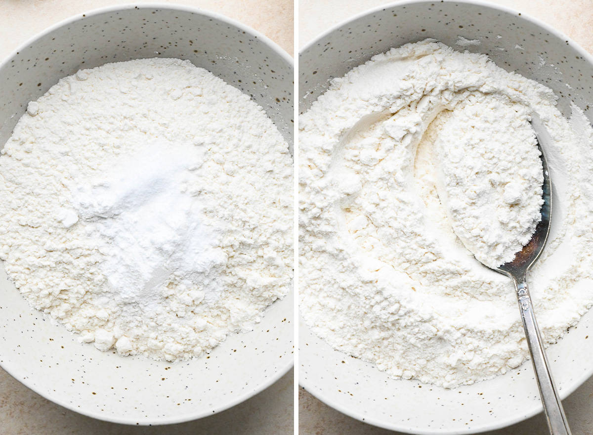 two photos showing how to make Cranberry Orange Bread - combining dry ingredients