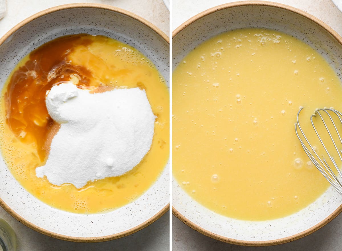 two photos showing how to make Cranberry Orange Bread - whisking together wet ingredients