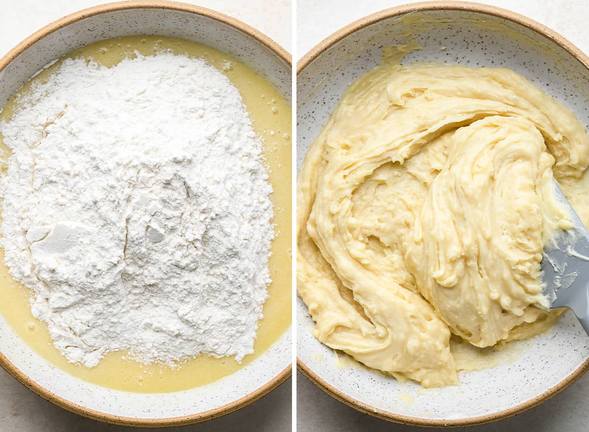 two photos showing how to make Cranberry Orange Bread - combining wet and dry ingredients