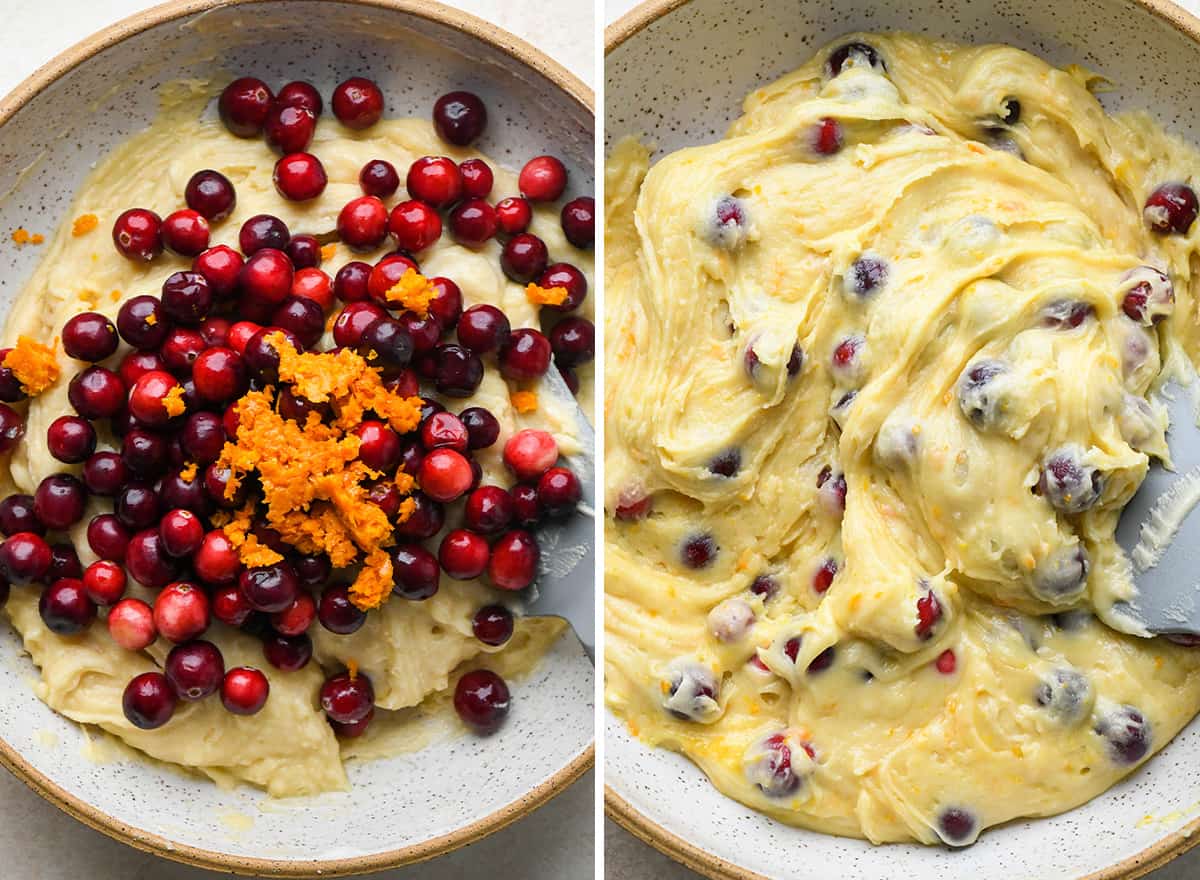 two photos showing how to make Cranberry Orange Bread - stirring in cranberries and orange zest