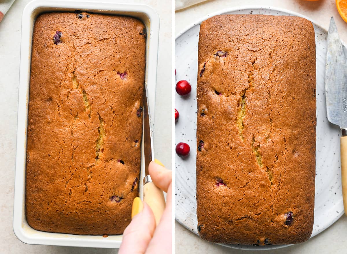 two photos showing removing Cranberry Orange Bread from the baking pan and putting it on a plate