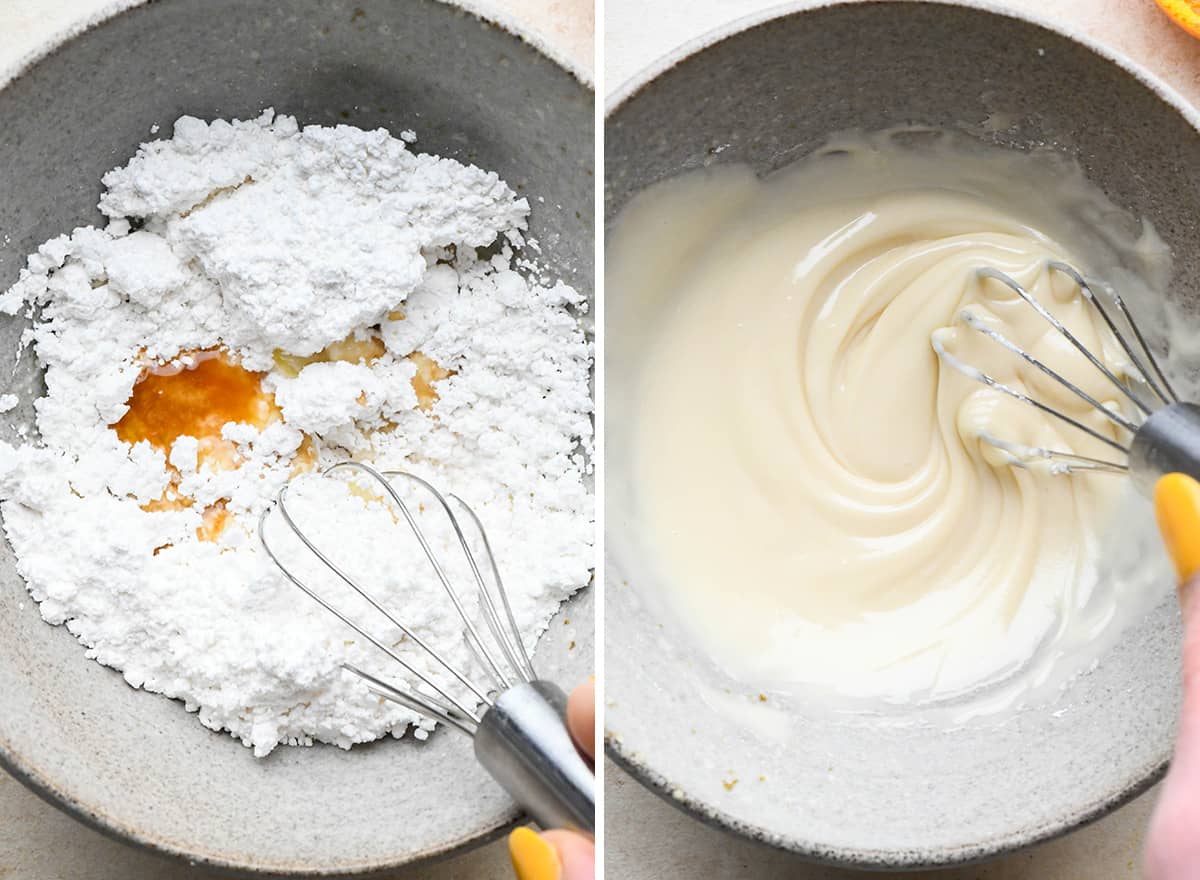 two photos showing how to make the glaze for Cranberry Orange Bread