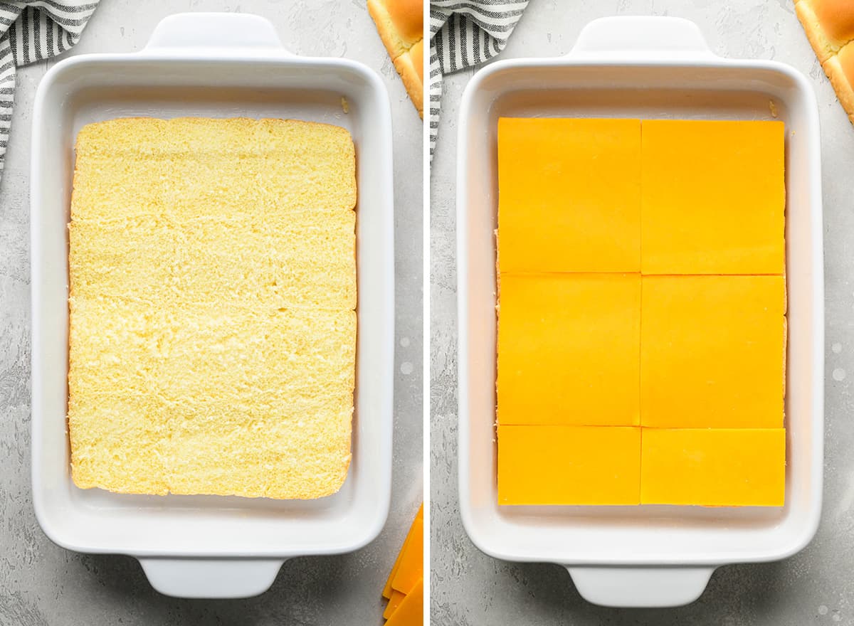 assembling turkey sliders - rolls in the bottom of the baking pan, then cheese on top of the rolls