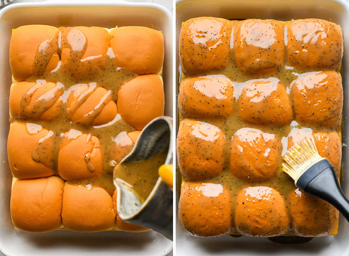 assembling Turkey Sliders - pour and spreading glaze over the rolls