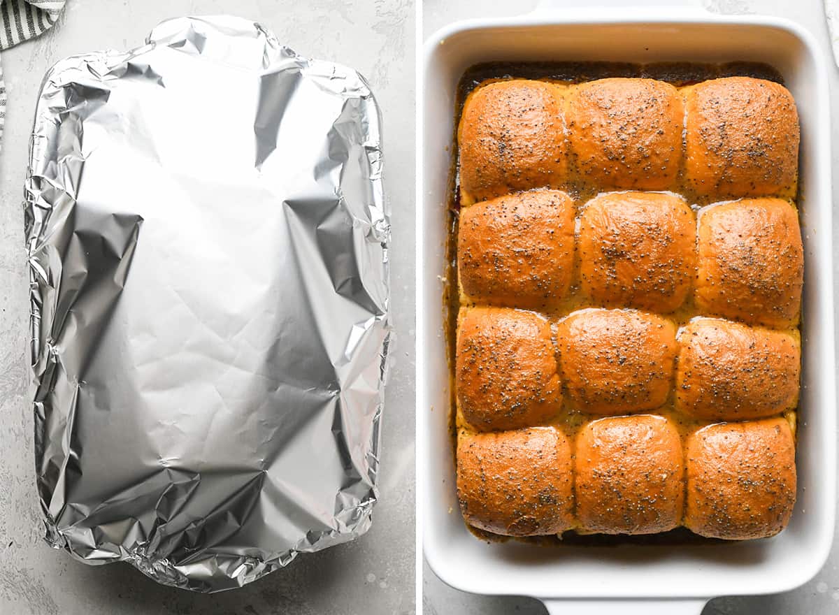 Turkey Sliders in a baking pan covered with foil, then uncovered