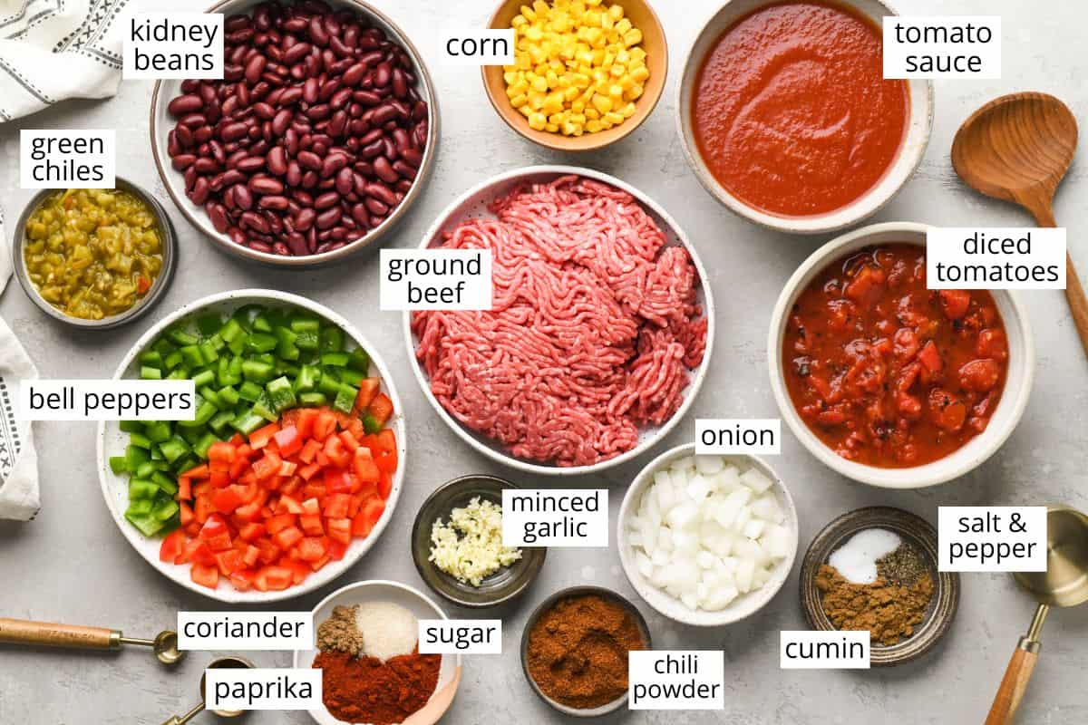 overhead photo of the labeled ingredients in this Beef Chili recipe