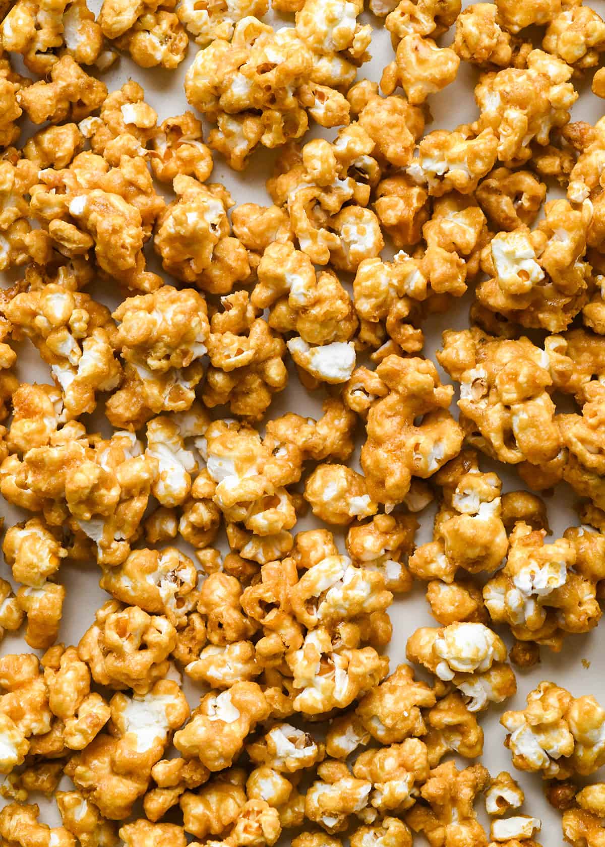 baked caramel corn on a baking sheet