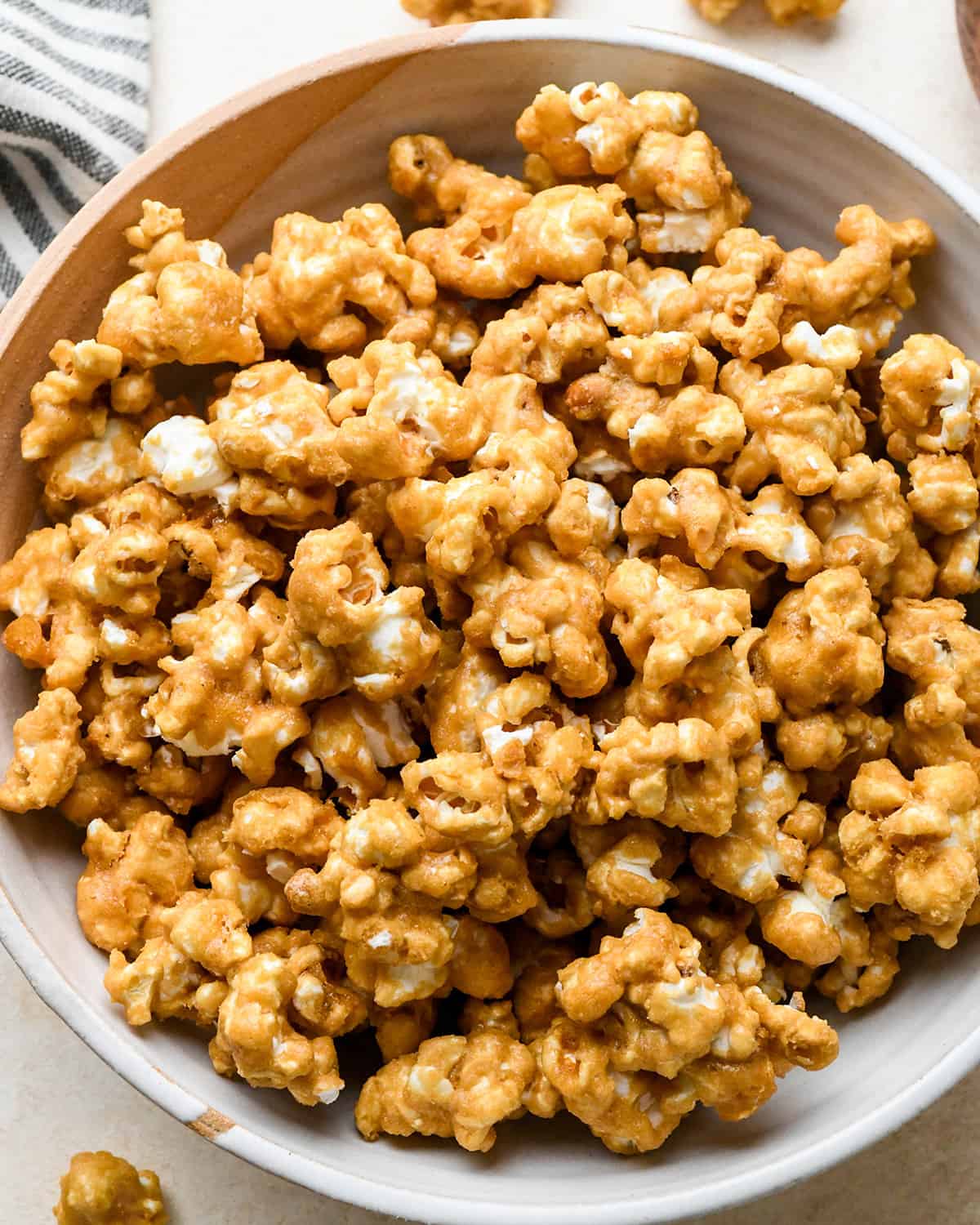 up close photo of a bowl of Caramel Popcorn