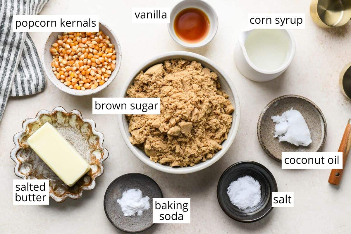 overhead photo of the labeled ingredients in this Caramel Popcorn recipe