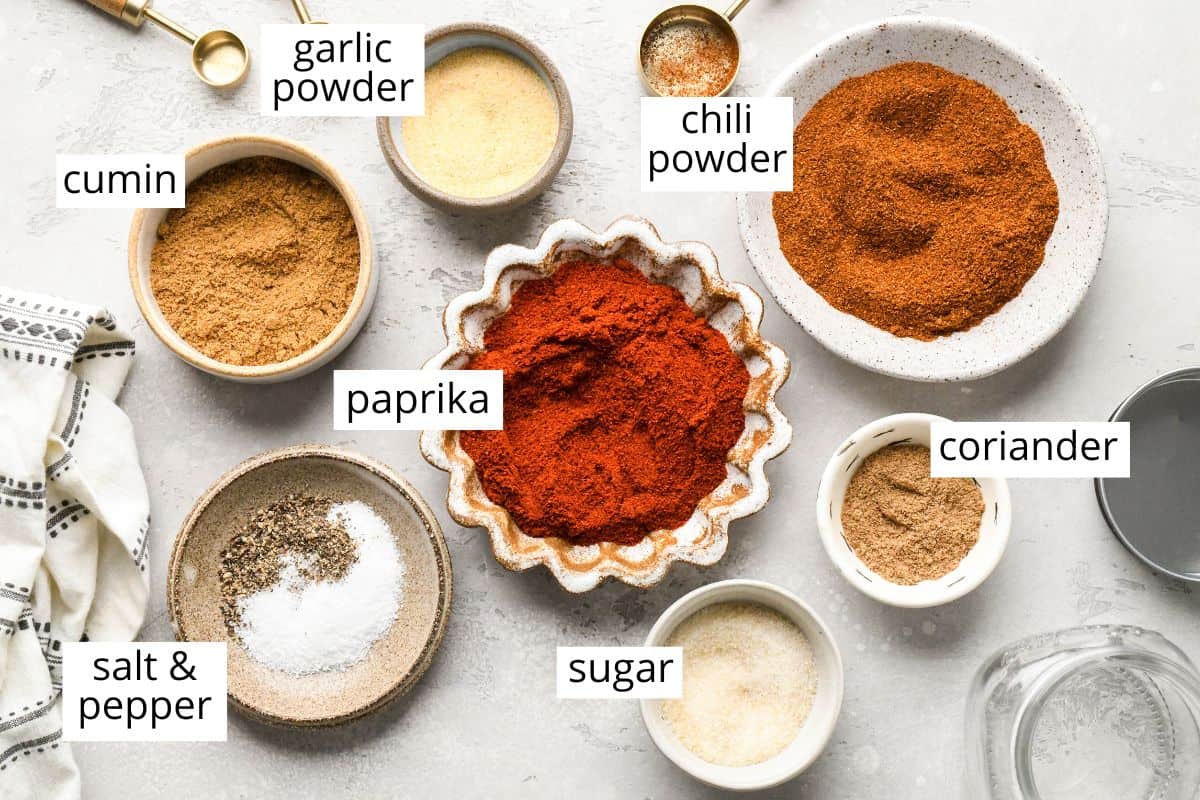 overhead photo of the labeled ingredients in this Homemade Chili Seasoning Recipe