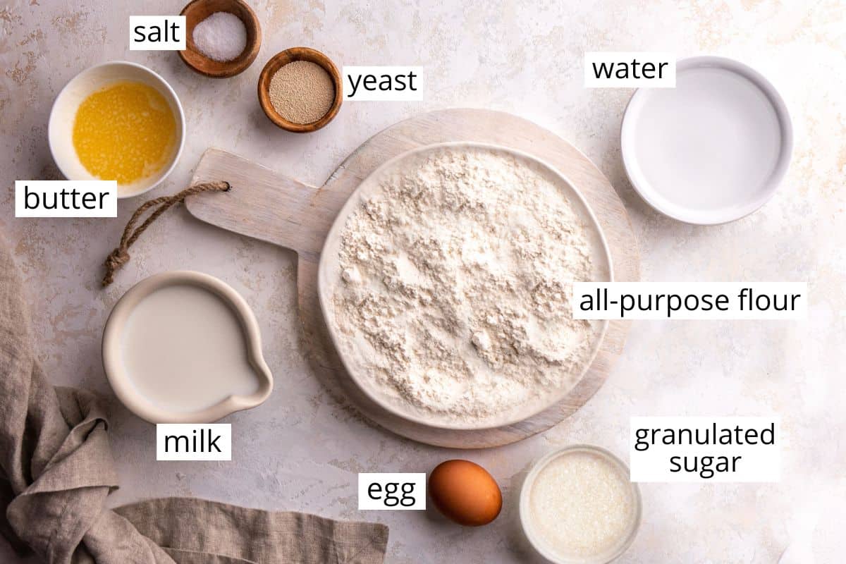 overhead photo of the labeled ingredients in this homemade dinner rolls recipe