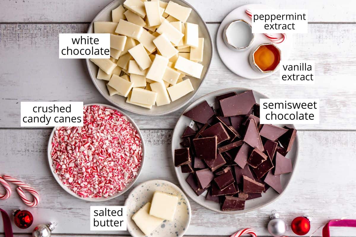 overhead view of the labeled ingredients in this Peppermint Bark recipe