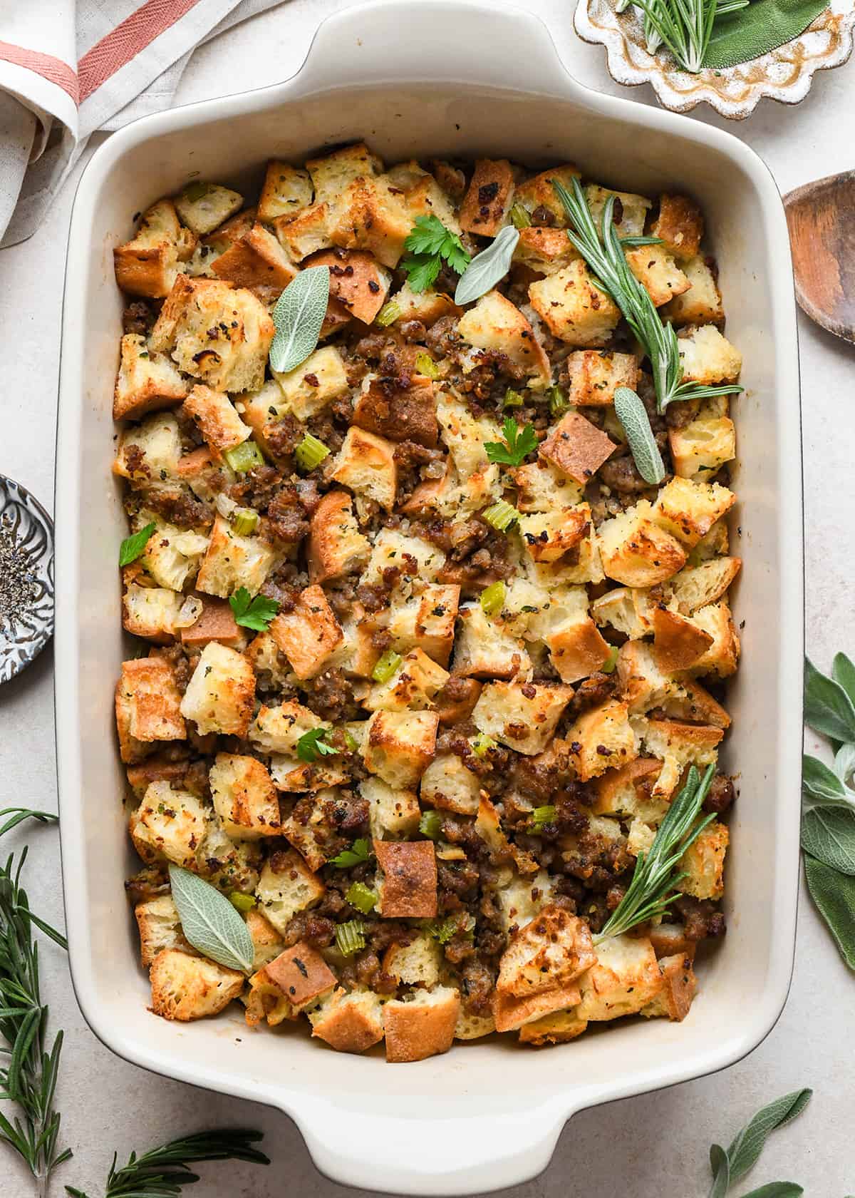 Homemade Bread Stuffing Recipe in a baking dish after baking