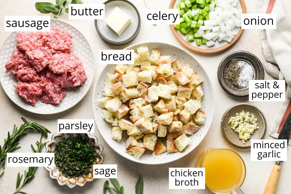 overhead photo of the labeled ingredients in this Homemade Stuffing recipe