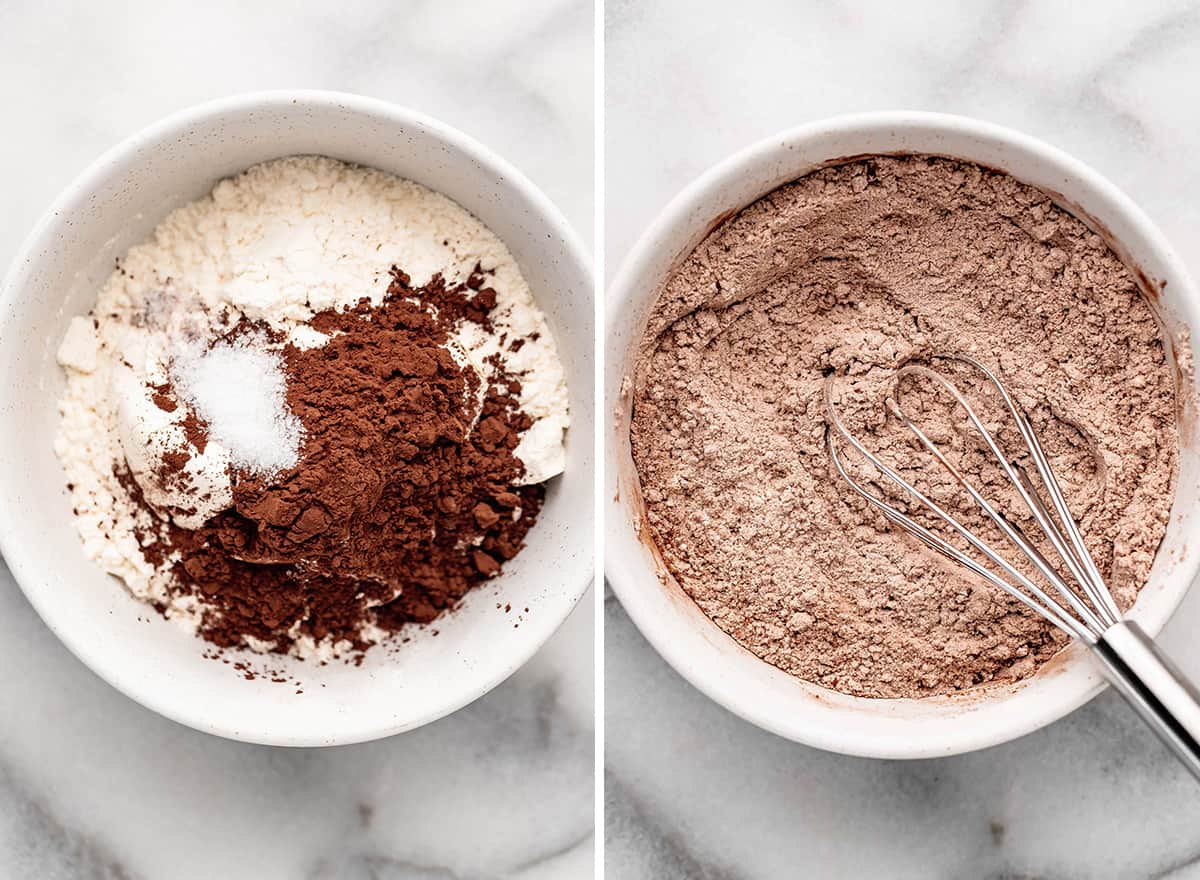 two photos showing How to Make Brownies - combining dry ingredients 