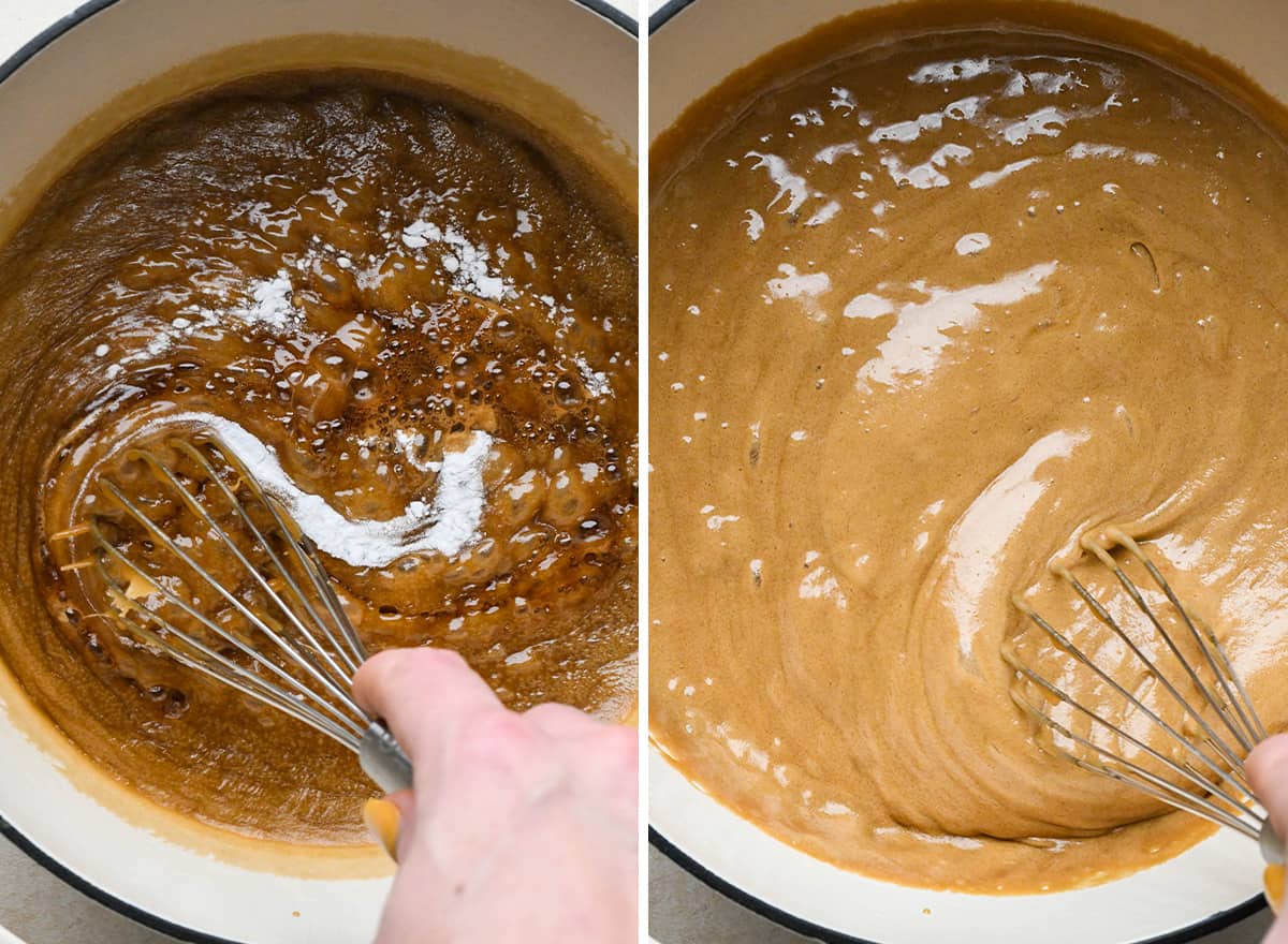 two photos showing how to make caramel popcorn - whisking in the vanilla and baking soda