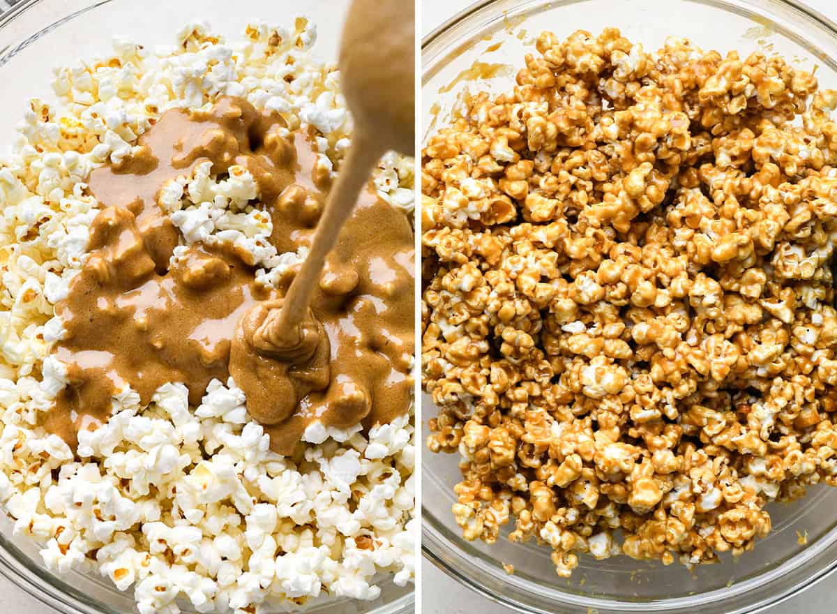 two photos showing How to Make Caramel Popcorn - stirring caramel sauce into popcorn