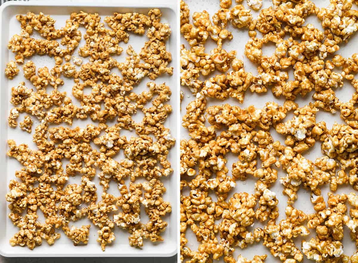 two photos showing caramel popcorn spread on a baking sheet