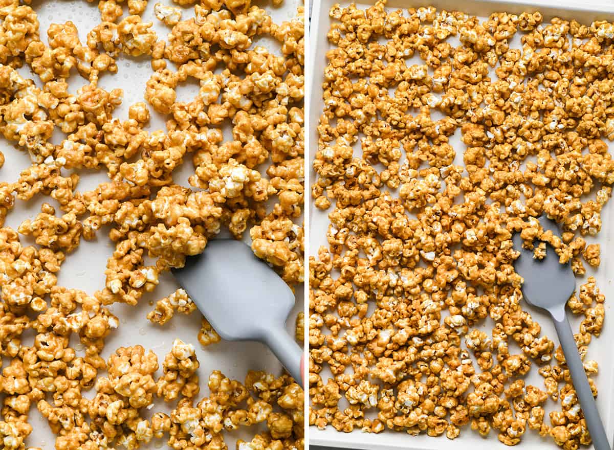 two photos showing stirring caramel corn during baking