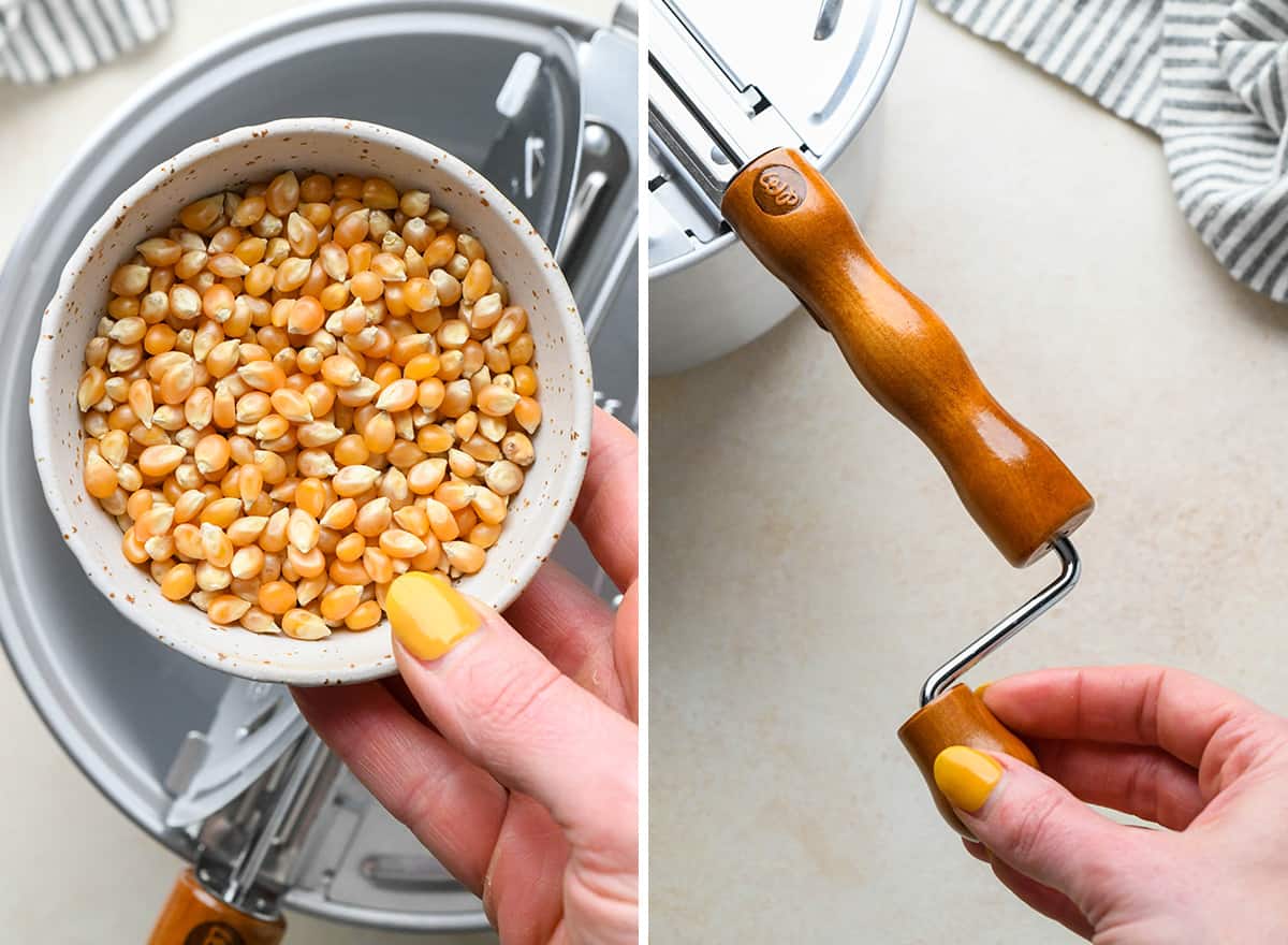 two photos showing How to Make Caramel Popcorn - popping popcorn