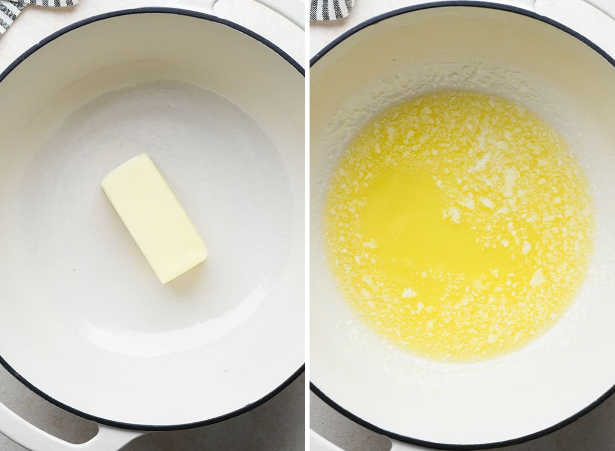 two photos showing butter before and after melting in a dutch oven to make caramel popcorn