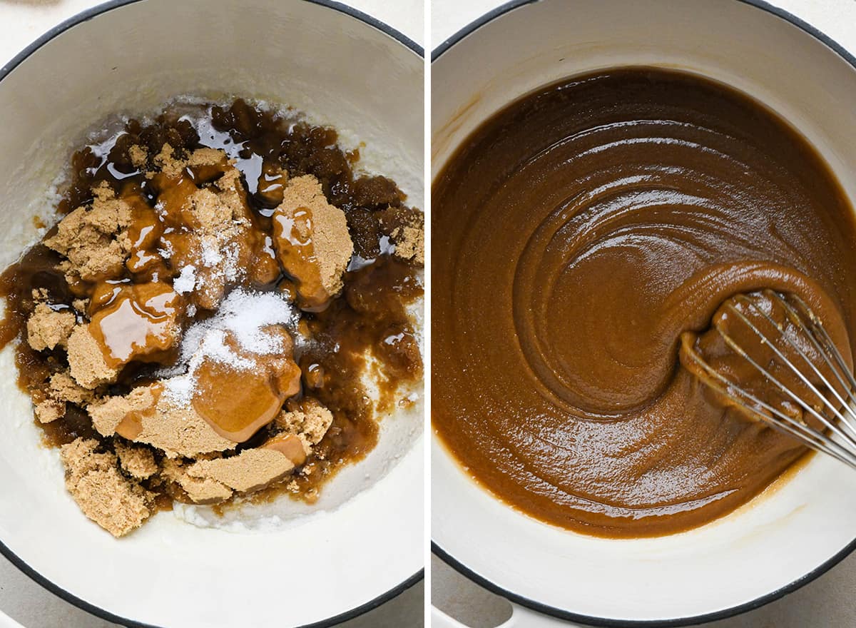 two photos showing how to make the caramel sauce for caramel popcorn