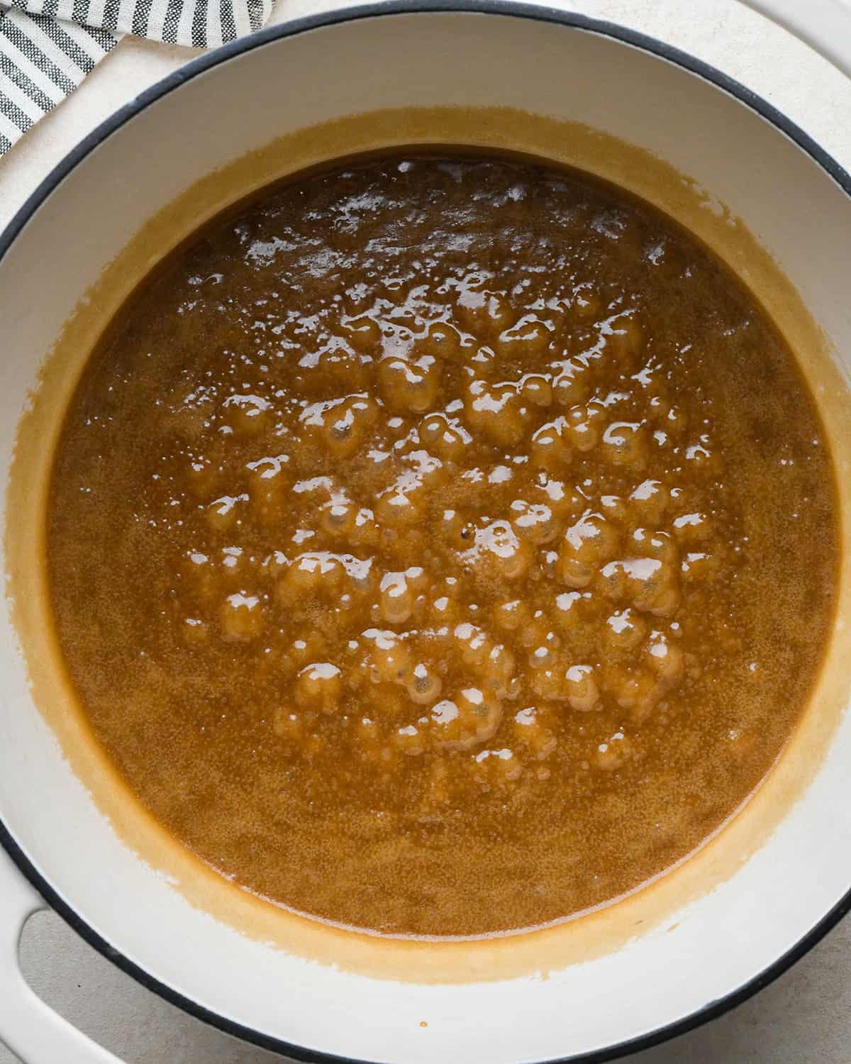 caramel sauce boiling in a pot