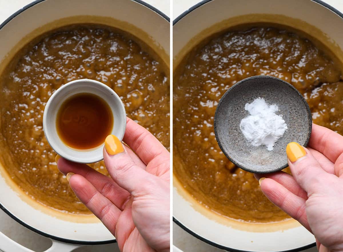 two photos showing how to make caramel popcorn - adding vanilla and baking soda