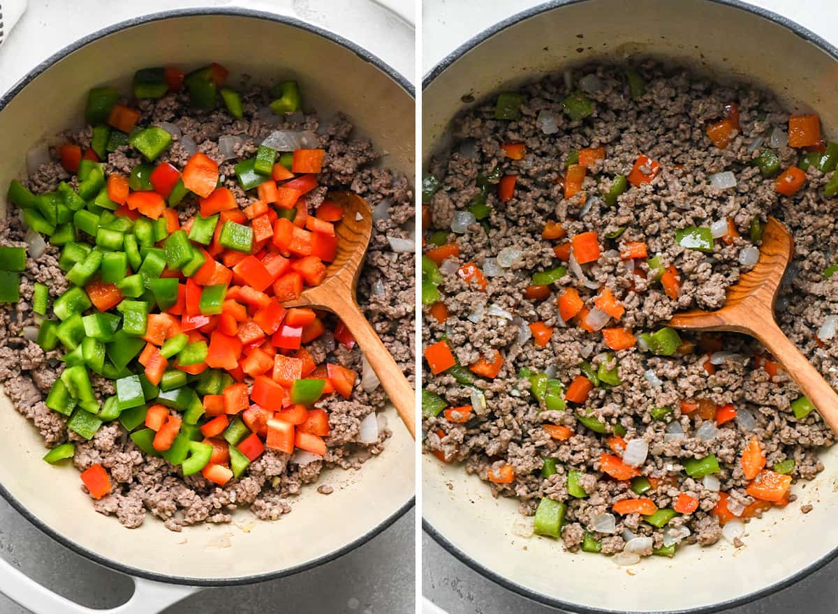 two photos showing How to Make Chili - adding bell peppers 