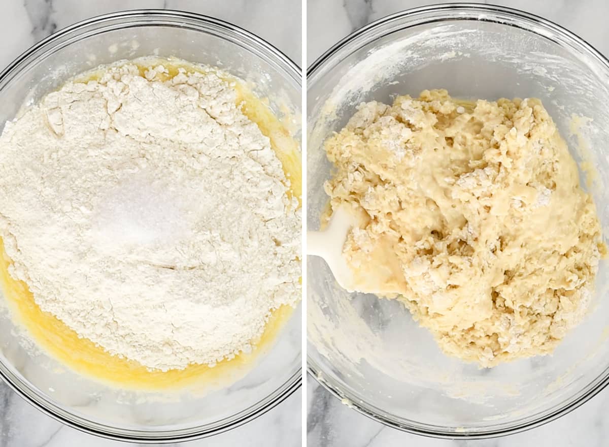 overhead view of risen dinner roll dough in a bowl