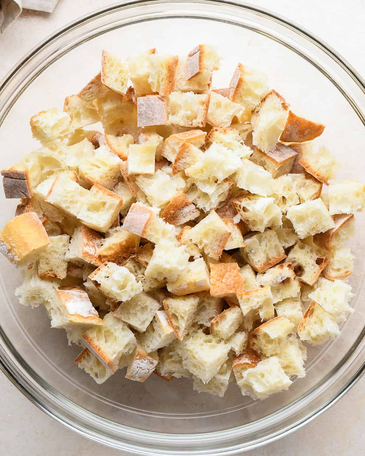 bread cubes in a glass bowl