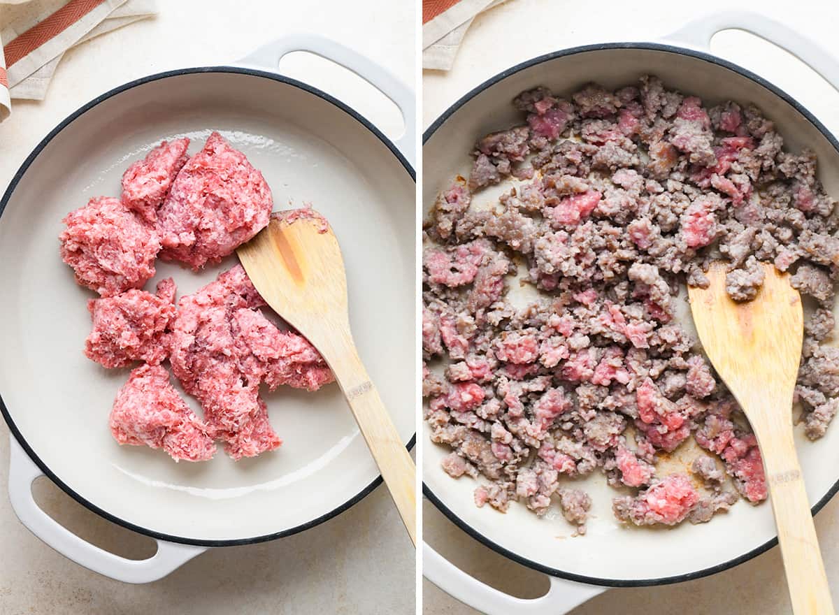 two photos showing How to Make Homemade Stuffing - cooking sausage