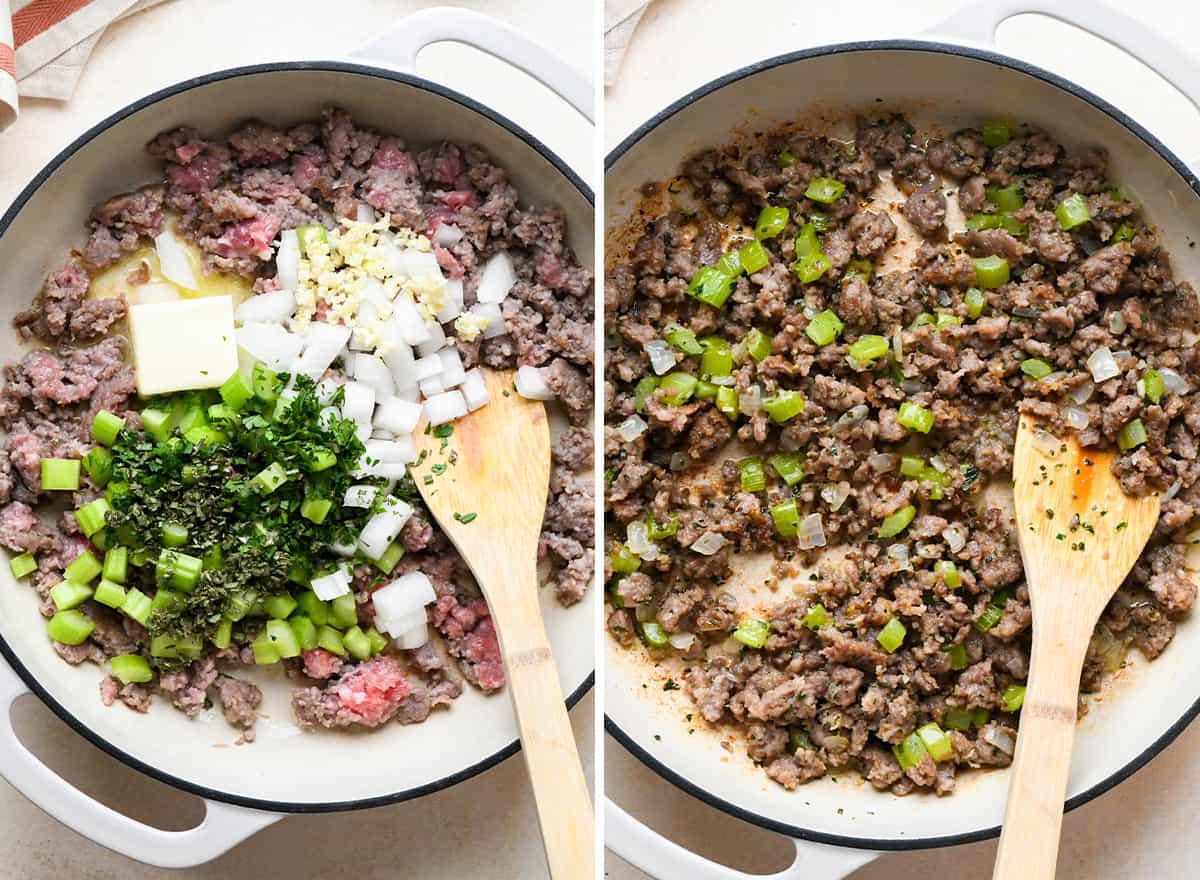 two photos showing How to Make Homemade Stuffing - adding butter, vegetables and herbs