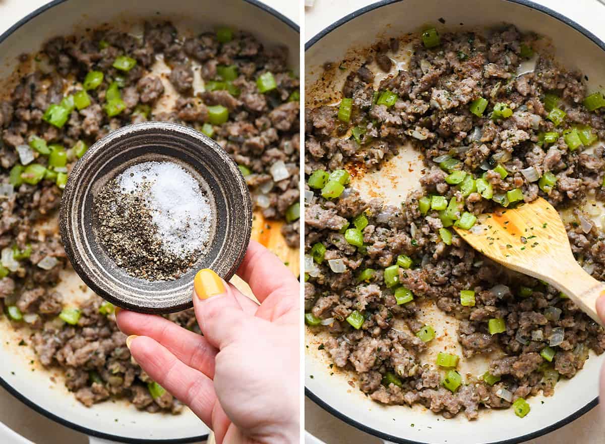 two photos showing How to Make Homemade Stuffing - adding salt and pepper