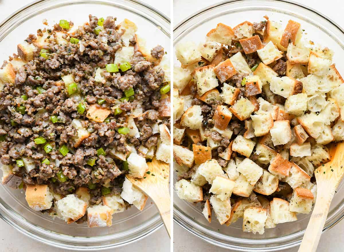 two photos showing How to Make stuffing from scratch - combining sausage and bread cubes in a bowl